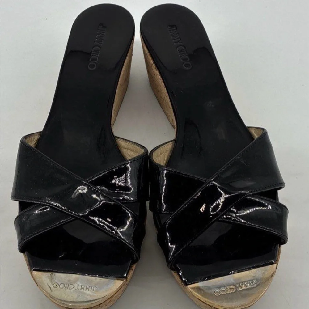 Jimmy Choo Black Patent Criss Cross Cork Wedge Platform Sandals